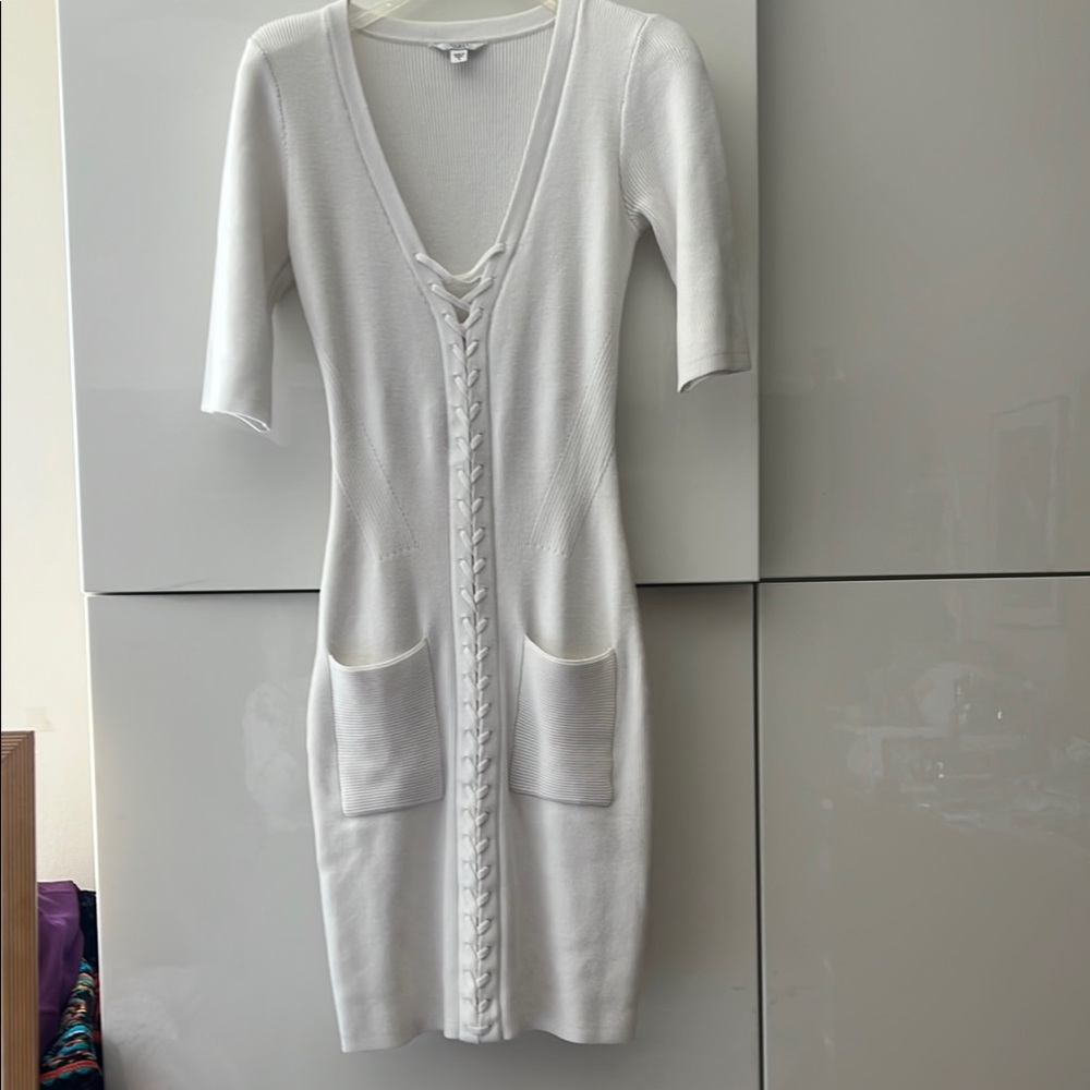 Guess White Lace-Up Midi Dress with short sleeves